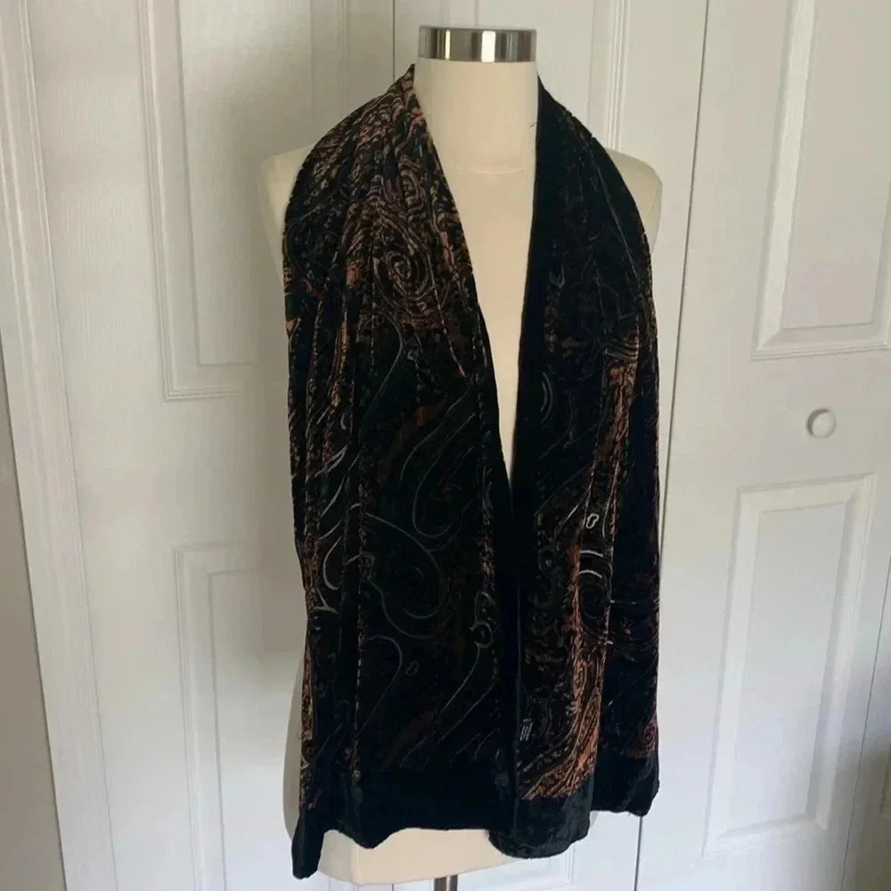 Velvet scarf- black and orange paisley print